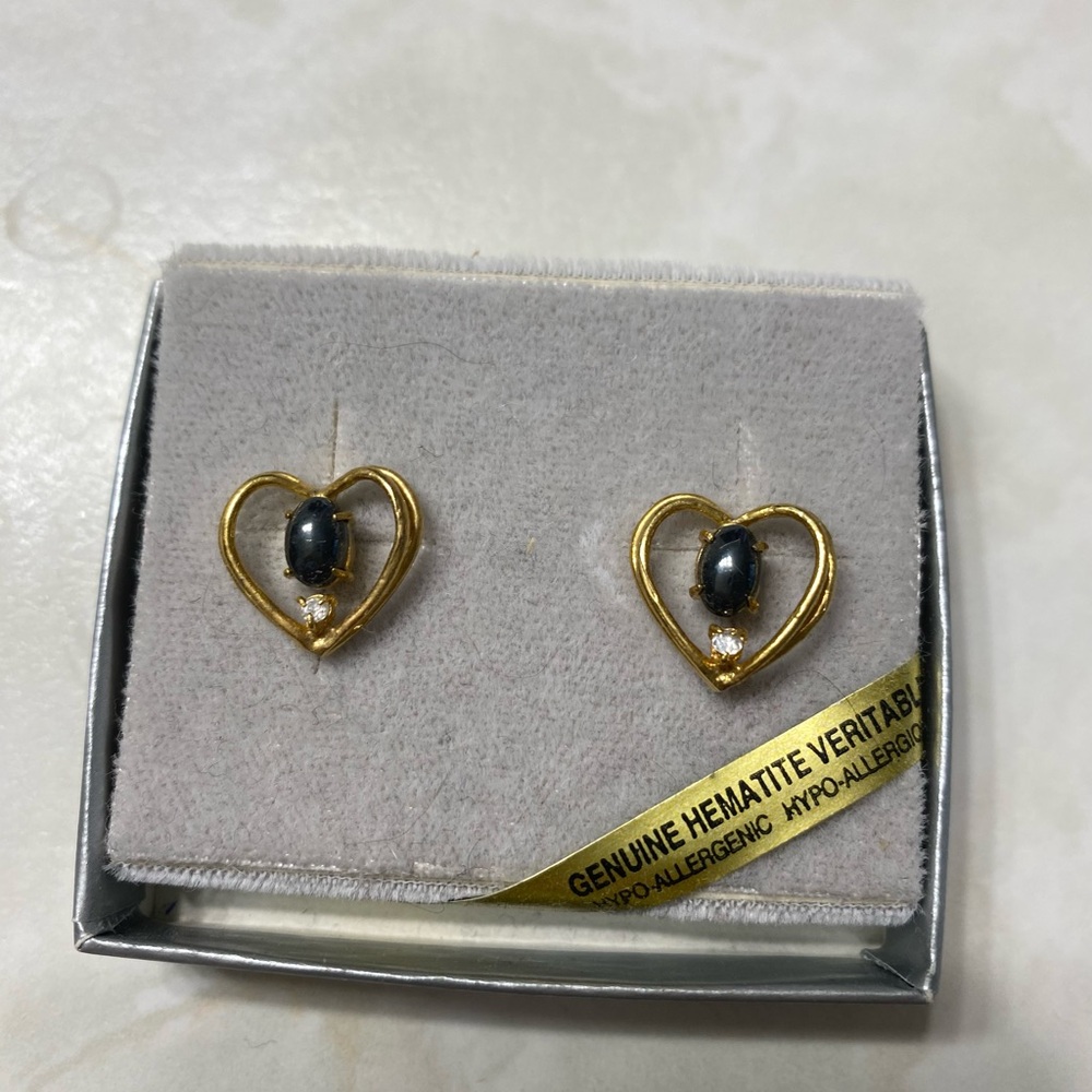 Gold Heart Earrings with Hematite Stone